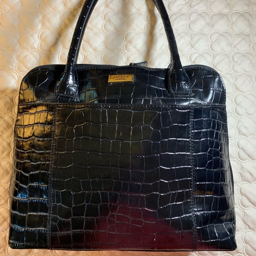 Osprey London black patent leather pebbled handbag
